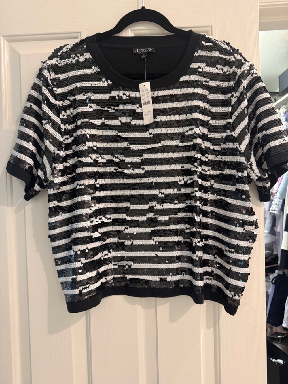 J.Crew Black and White Striped Sequin Short Sleeve Top
